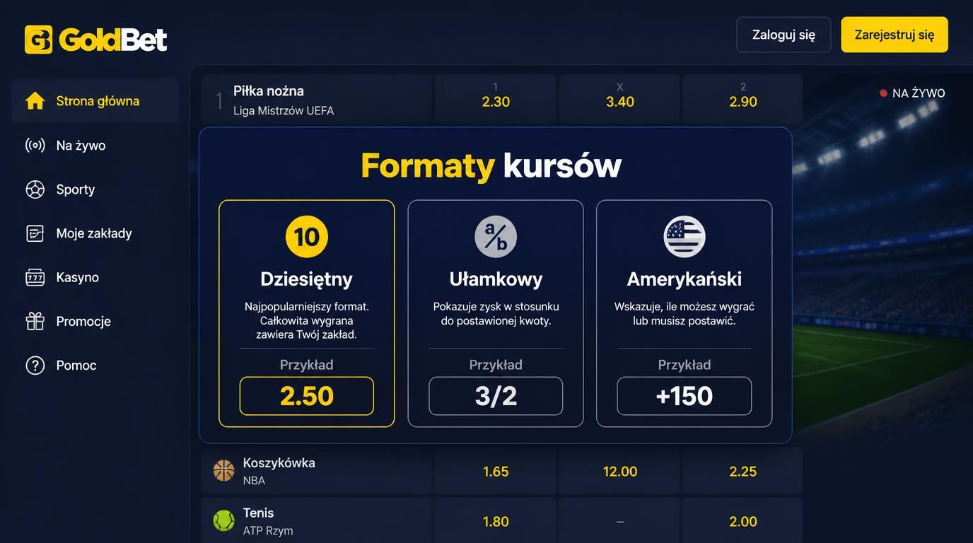 Przykłady formatów kursów (dziesiętne, ułamkowe, amerykańskie) w ofercie Goldbet Casino
