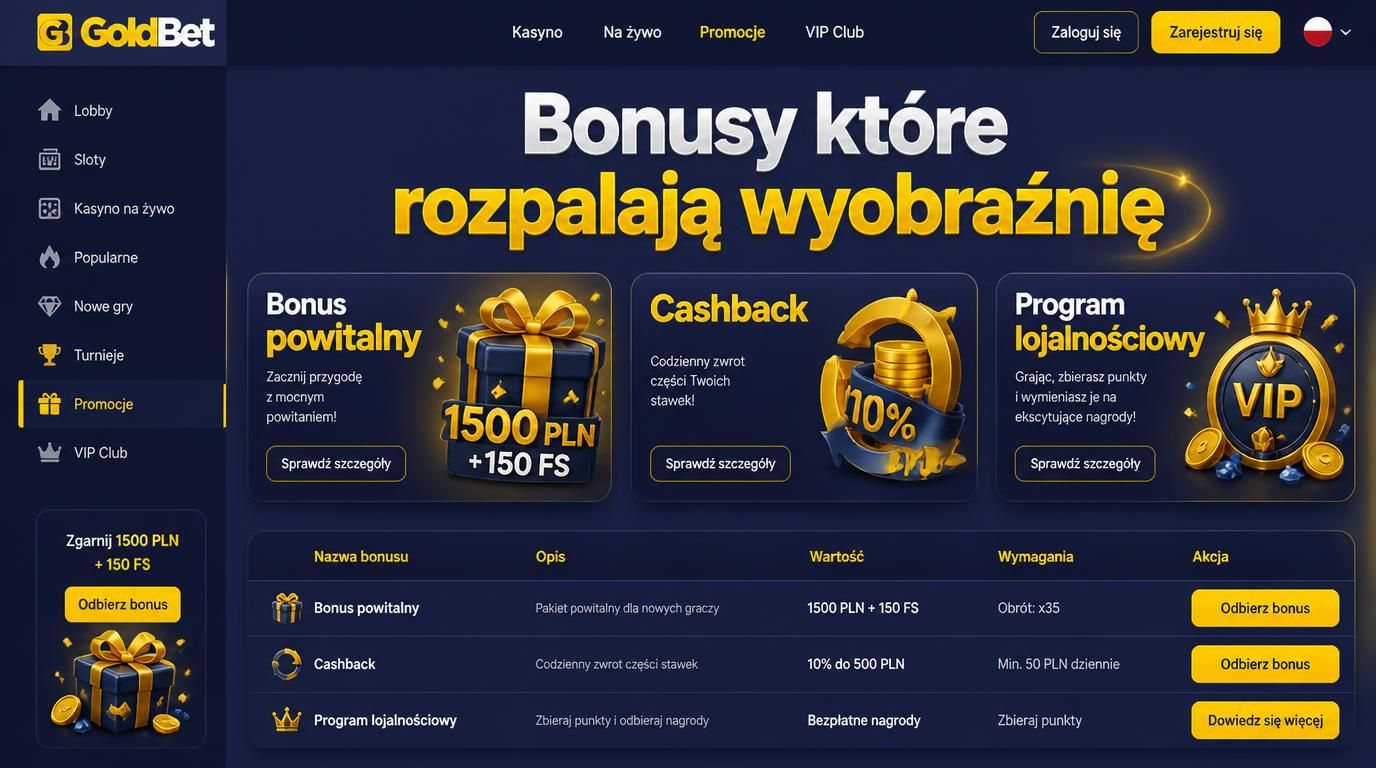 różnorodne bonusy: powitalny, cashback, lojalność