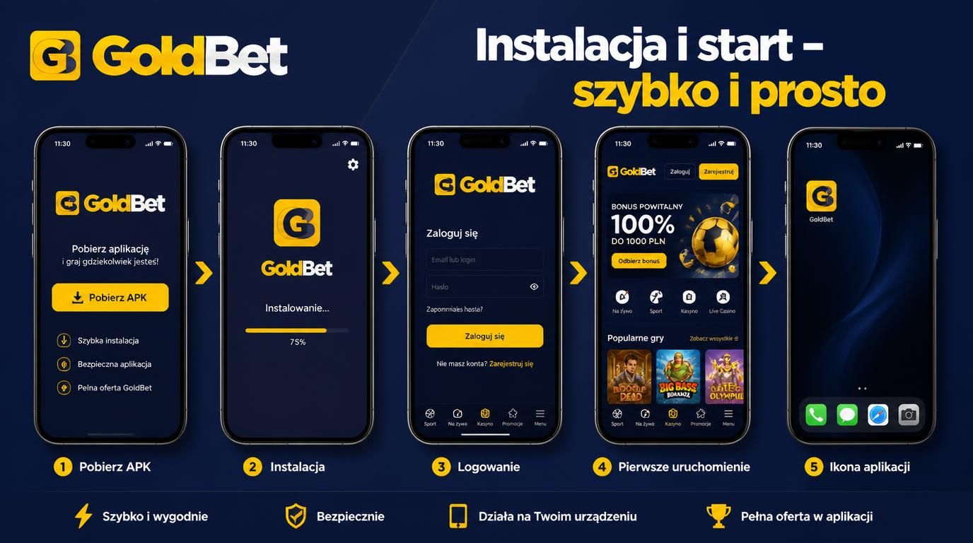 smartfon pokazujący instalację aplikacji Goldbet i ekran powitalny