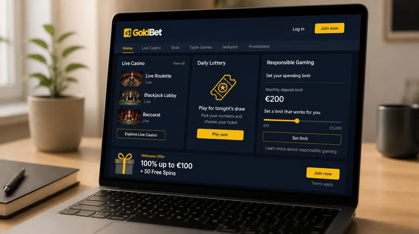 Laptop z podsumowaniem oferty kasyna, kafelkami gier na żywo i ustawieniem limitu wydatków