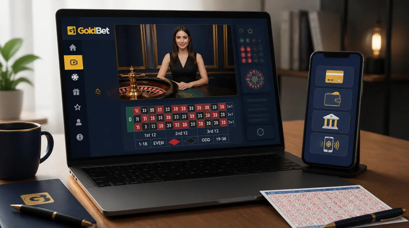 Laptop z widokiem stołu kasyna na żywo obok telefonu z ikonami metod płatności