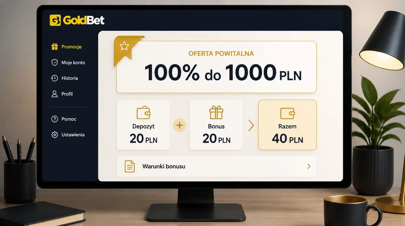 Panel bonusu powitalnego z ofertą 100% do 1000 PLN i przykładem wpłaty 20 PLN oraz bonusu 20 PLN